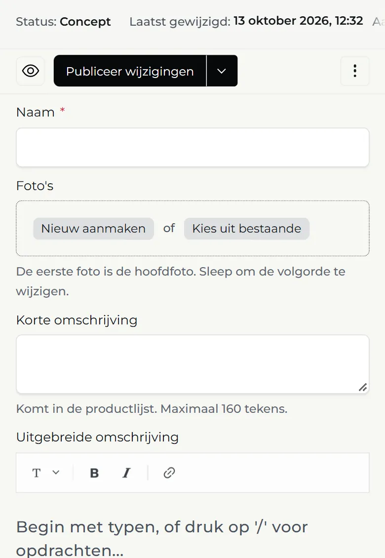 Een product toevoegen op een telefoon: de status Concept, de knop Publiceer wijzigingen en velden voor de naam, foto's en een korte omschrijving.